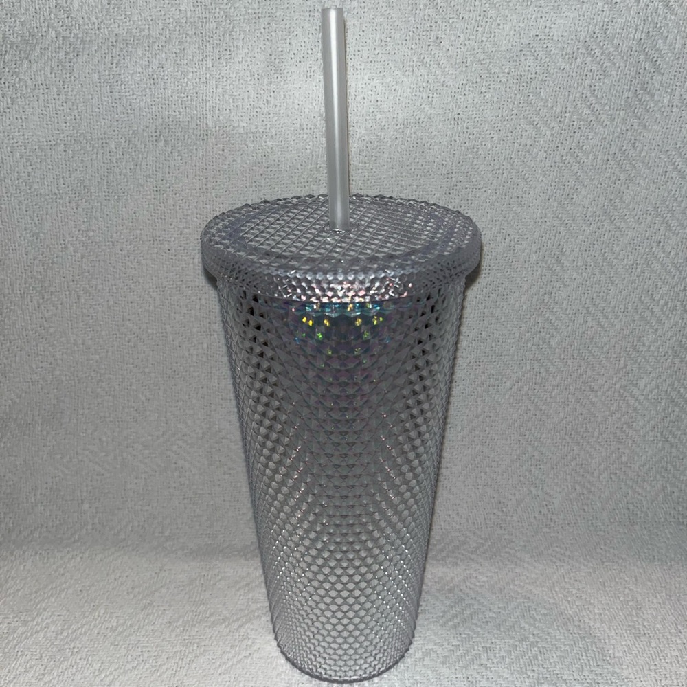 🤍 Crystal Clear Acrylic Iridescent Textured Diamond Tumbler Cup w/Straw 24oz New
